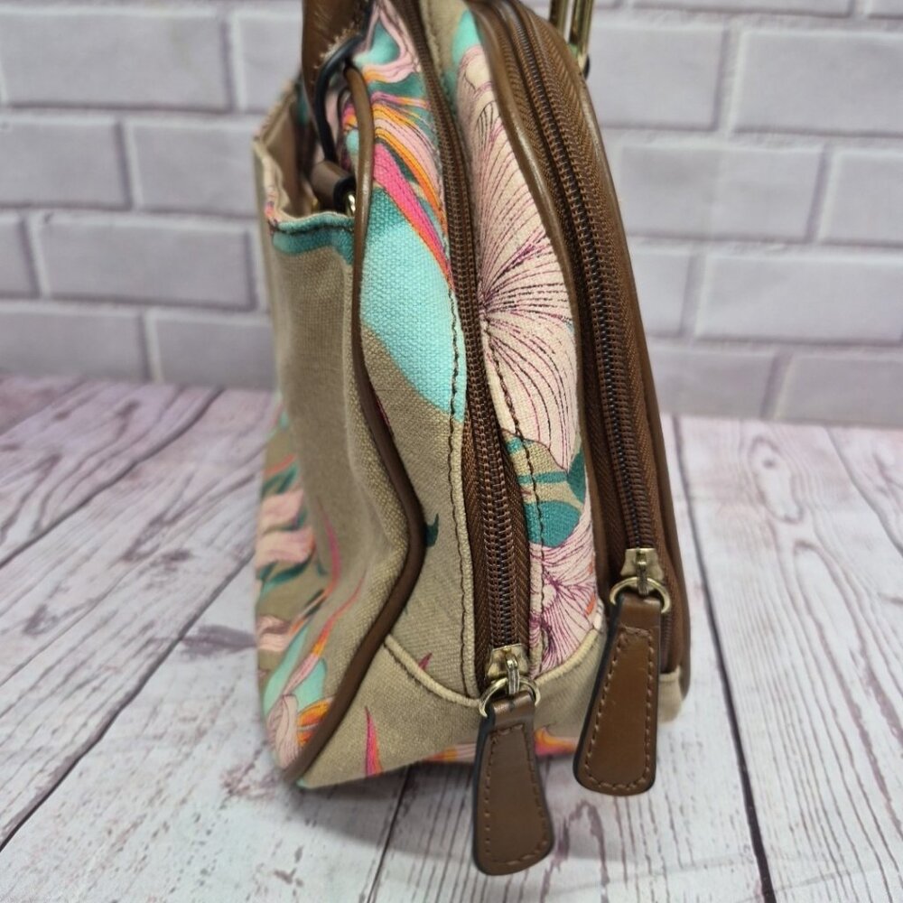 Jaclyn Smith Lily Canvas Handbag Purse Colorful Floral And Brown Pockets - Picture 4 of 10